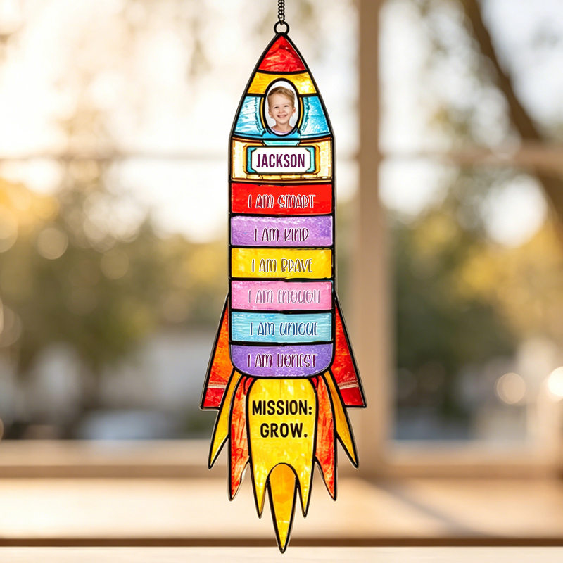 Personalized Child Photo Space Rocket Affirmation Glass Suncatcher