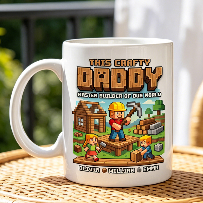 Personalized This Crafty Daddy Master Bulder of Our World 11 oz Ceramic Mug with 1-6 Names Father's Day Gifts for Dad Grandpa