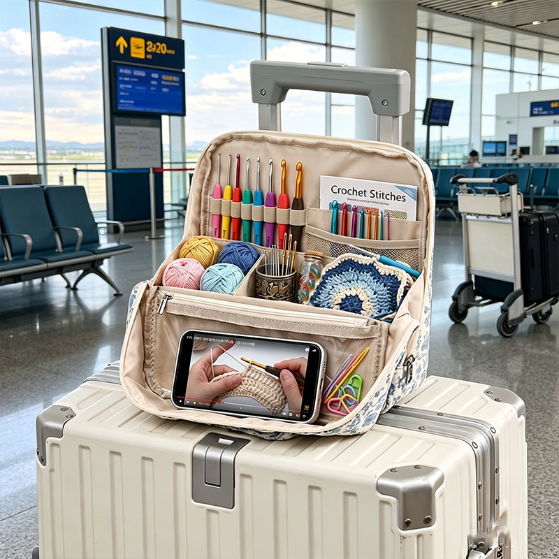 Personalized Embroidered Crochet Tool Storage Bag Custom Large Floral Crochet Tool Storage Bag Multi-Compartment Portable Travel Storage Bag for Women
