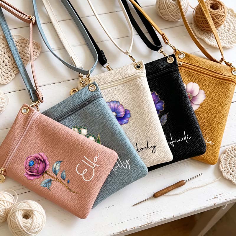 Personalized Crochet Tool Organizer Leather Custom Name with Birth Flower Bouquet Storage Case Multifunctional Crochet Kit with Lanyard