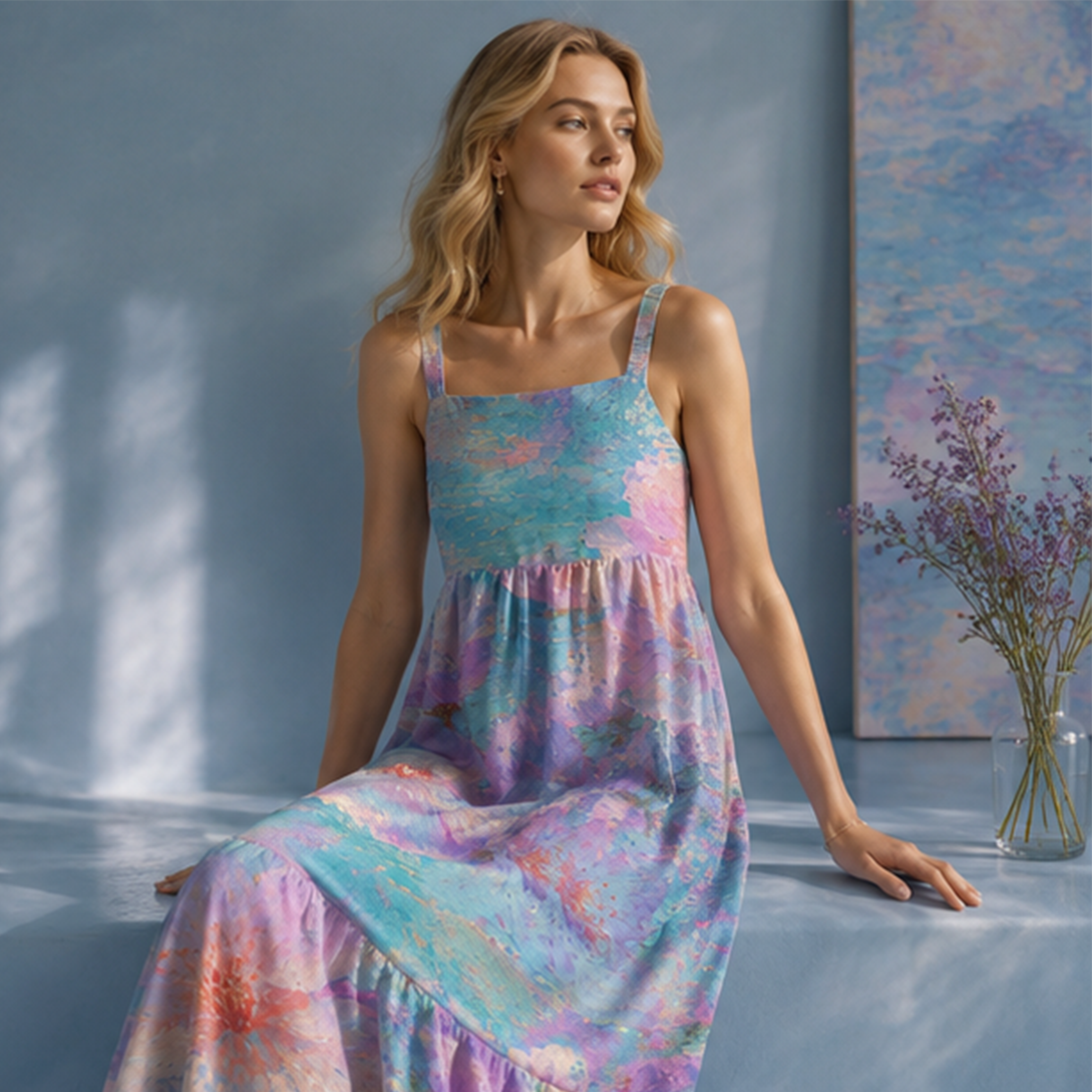 Oil Painting Pink Floral Impressionist Printed Maxi Dress