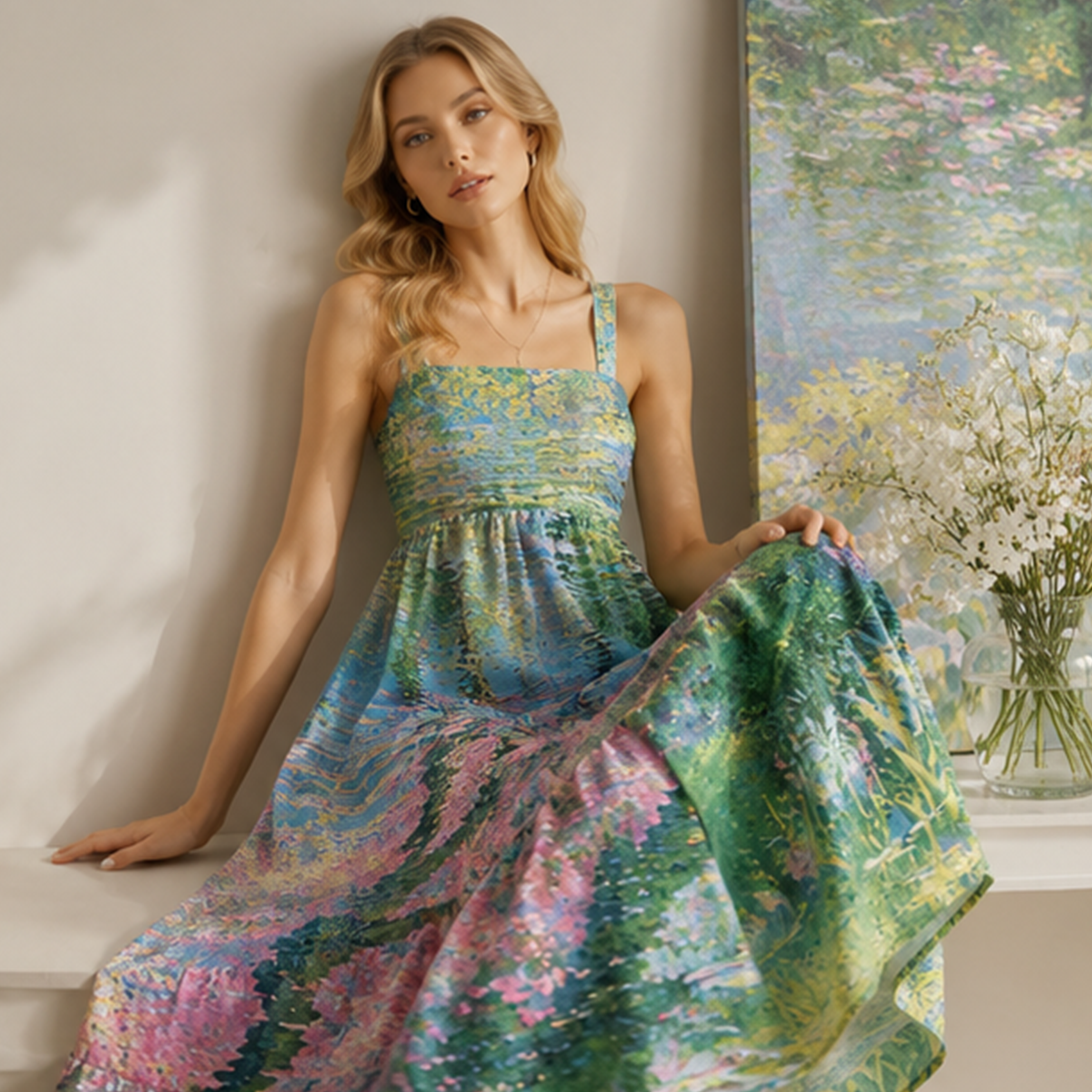 Oil Painting Natural View Green Floral Maxi Dress