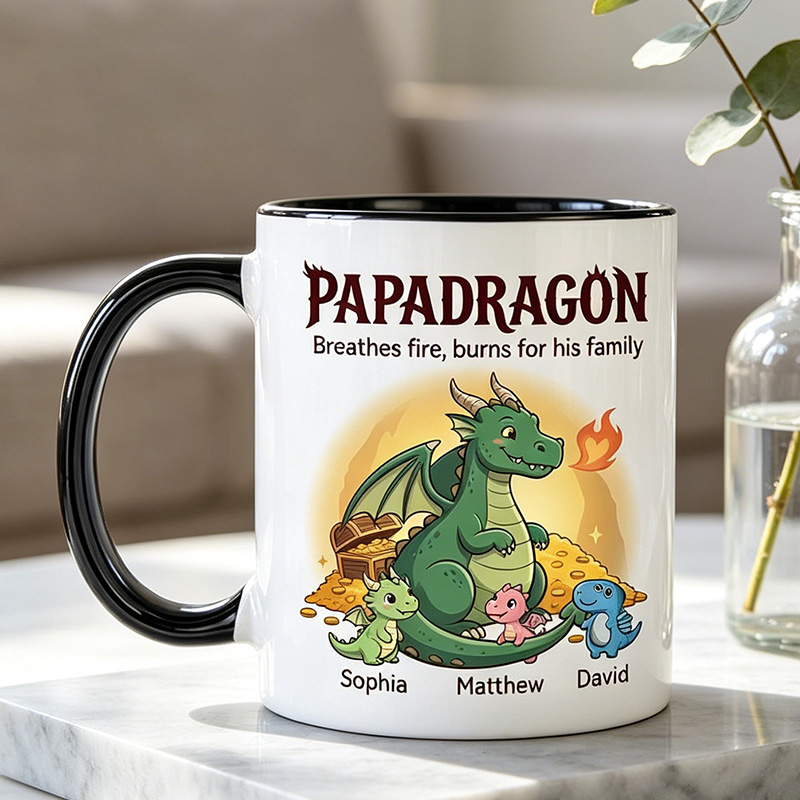 Personalized Papadragon Dragonlings under His Protection 11 oz Ceramic Mug with 1-6 Names Father's Day Gifts for Grandpa Papa Birthday Gift for Him