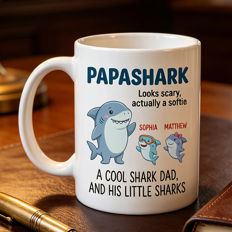 Personalized Papashark Looks Scary Actually A Softie 11 oz Ceramic Mug with 1-6 Names Father's Day Gifts for Grandpa Papa Birthday Gift for Him