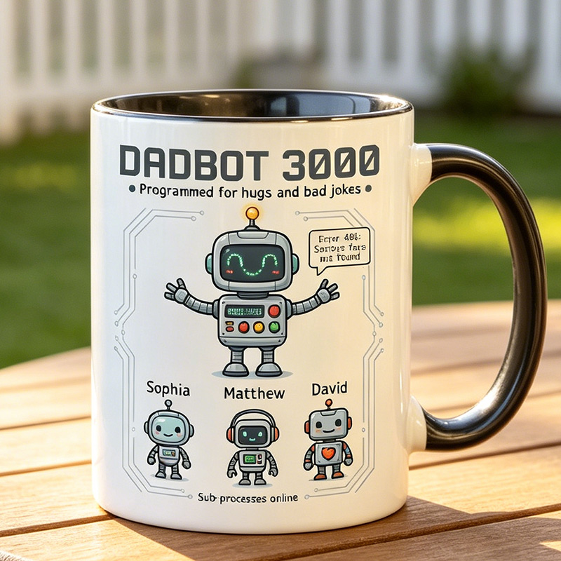 Personalized Dadbot 3000 11 oz Ceramic Mug with 1-6 Names Father's Day Gifts for Dad Papa Birthday Gift for Him