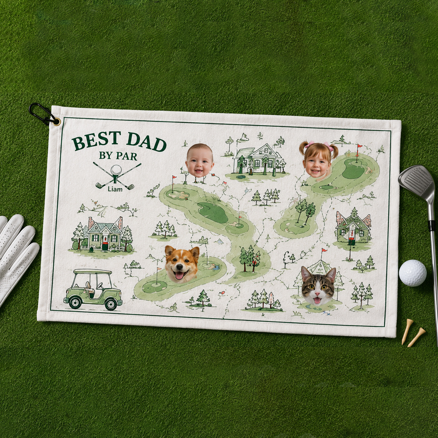 Personalized Golf Course Map Towel Custom Kid and Pet Portraits Father's Day gift