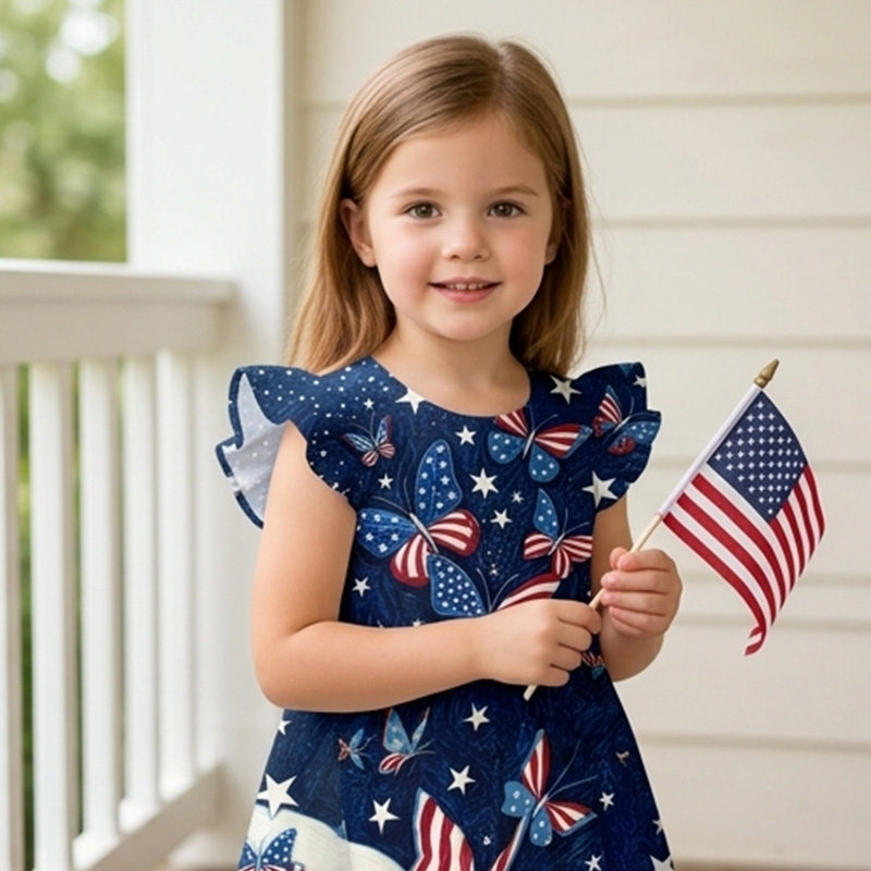 Personalized Patriotic Stars And Stripes USA Flag Print Girls Fourth Of July Red White Blue America 250th Anniversary Coquette Ruffle Dress