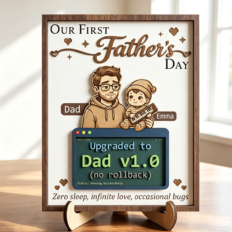 Personalized Our First Father's Day Sign Custom Upgrated to Dad Wooden Plaque with Kids Dad Gifts Father's Day Gift For Him