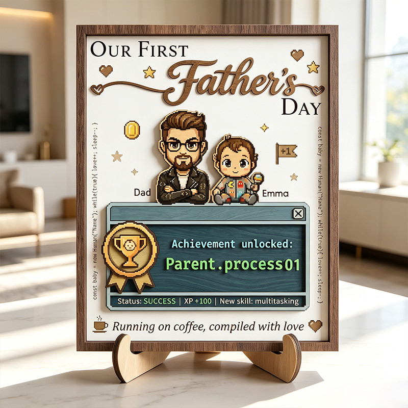 Personalized Our First Father's Day Sign Custom Achievement Unlocked Parent Process01 Wooden Plaque with Kids Dad Gifts Father's Day Gift For Him