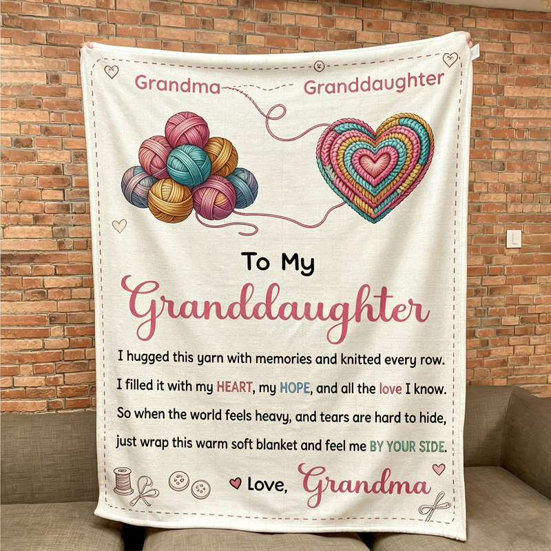 Personalized To My Granddaughter Knitting Themed Blanket Custom Gift with Yarn Heart and Sentimental Message