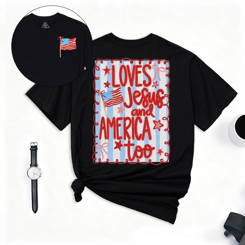 250th USA Anniversary T-Shirt Loves Jesus and America Too 4th of July Patriotic Coquette Bow Tee American Flag  