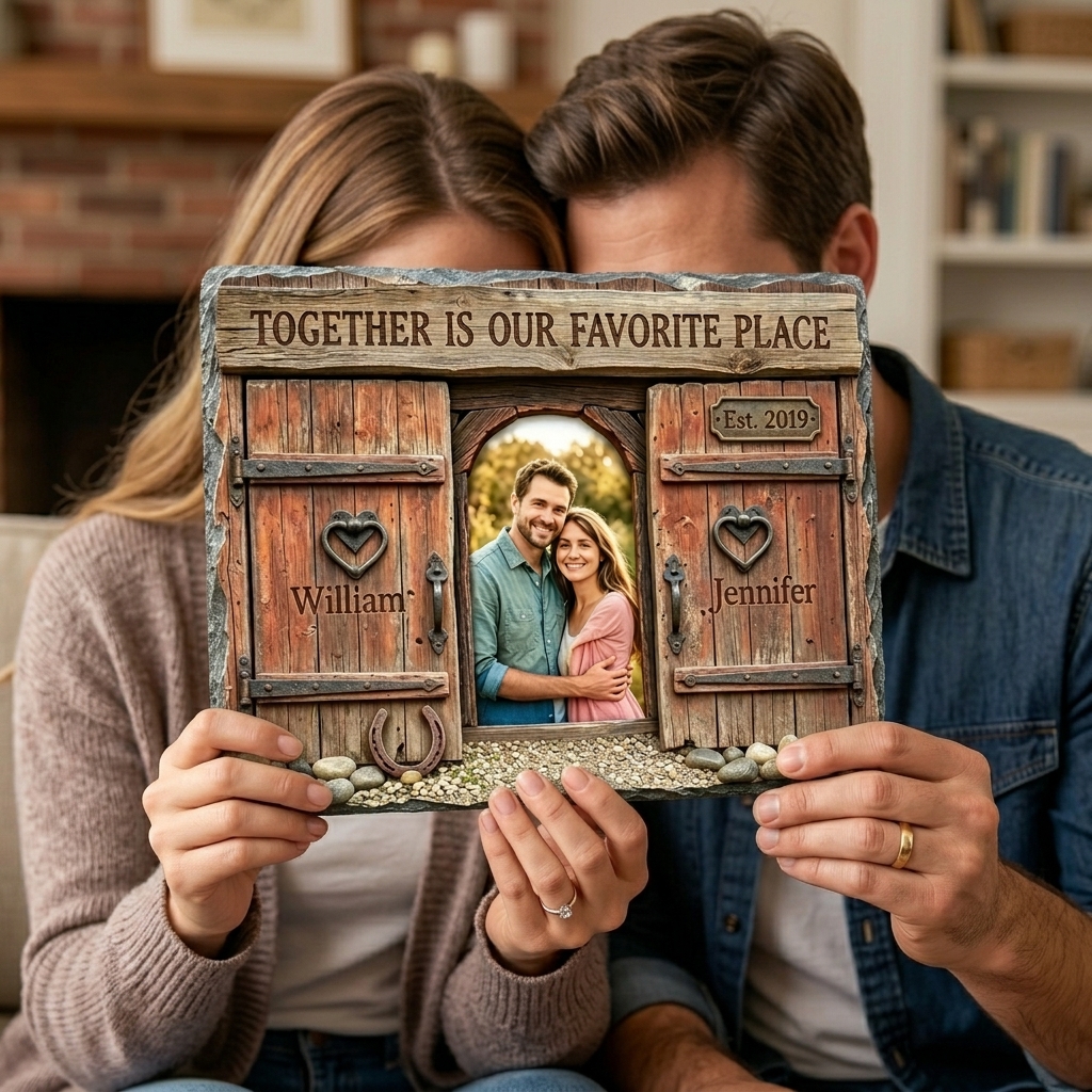 Personalized Retro Couple Photo Rectangle Shaped Stone with Stand Together is Our Favorite Place Stone Anniversary Gift Couple Home Keepsake Gift
