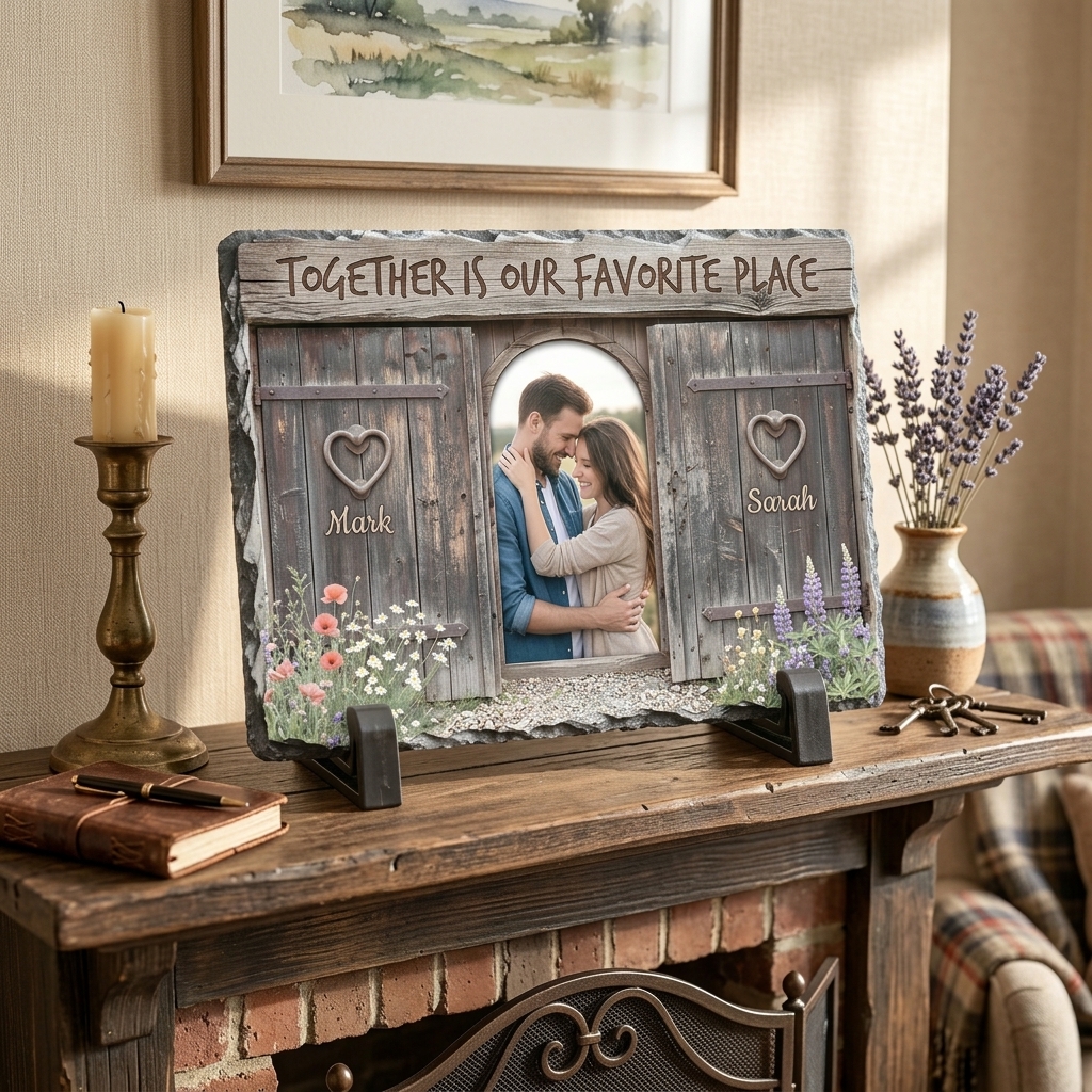 Personalized Together is Our Favorite Place Stone Retro Couple Photo Rectangle Shaped Stone with Stand Anniversary Gift Couple Home Keepsake Gift
