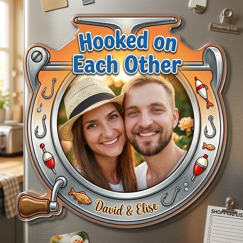Personalized Hooked On Each Other Couple Photo Fridge Magnet Custom Couple Gift with Names Anniversary Gift for Her Him Fishing Lovers Gift