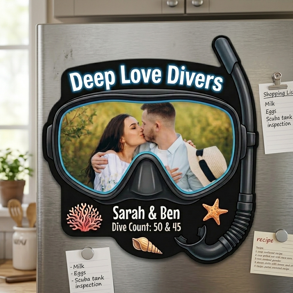 Personalized Diving Theme Couple Photo Fridge Magnet Custom Couple Gift with Names Anniversary Gift for Her Him Diving Lovers Gift
