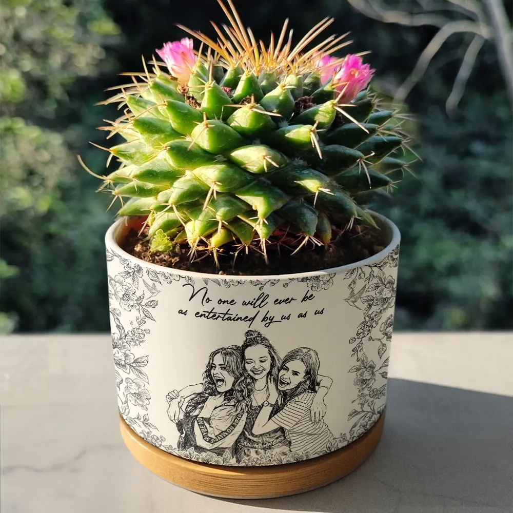 Personalized Ceramic Plant Pot Custom Photo Pencil Sketch A True Friendship Is A Journey Without An End Gift for Bestie