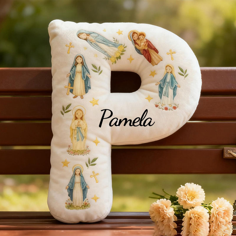 Personalized Virgin Mary Letter Pillow with Custom Name Home Decor Catholic Gift for Her Blessed Mother Gift Cross Star Olive Graphic 3D Print Pillow