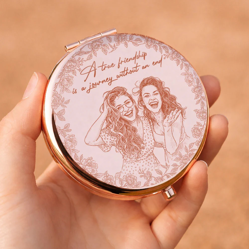 Personalized Compact Mirror Custom Photo Pencil Sketch A True Friendship Is A Journey Without An End Gift for Friend