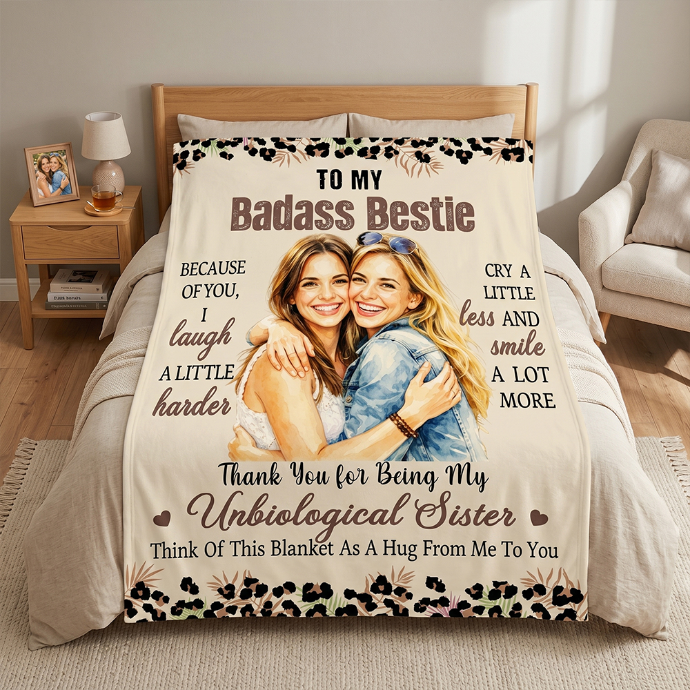 Personalized Sisters Leopard Print Throw Blanket Thank You My Badass Bestie Birthday Gift for Friend