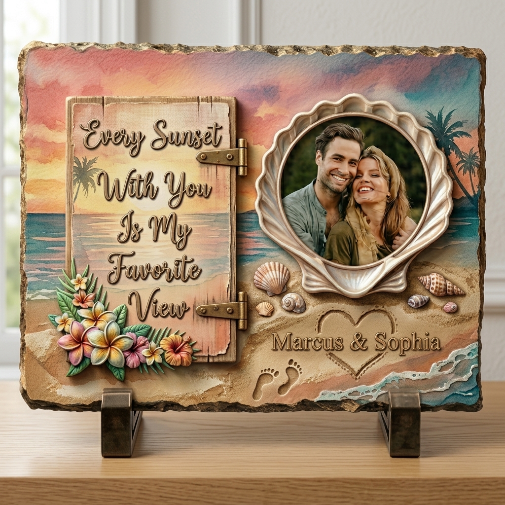 Personalized Beach Sunset Couple Photo Slate Custom Shell Frame Stone Plaque with Stand Every Sunset With You Is My Favorite View Anniversary Gift Romantic Keepsake