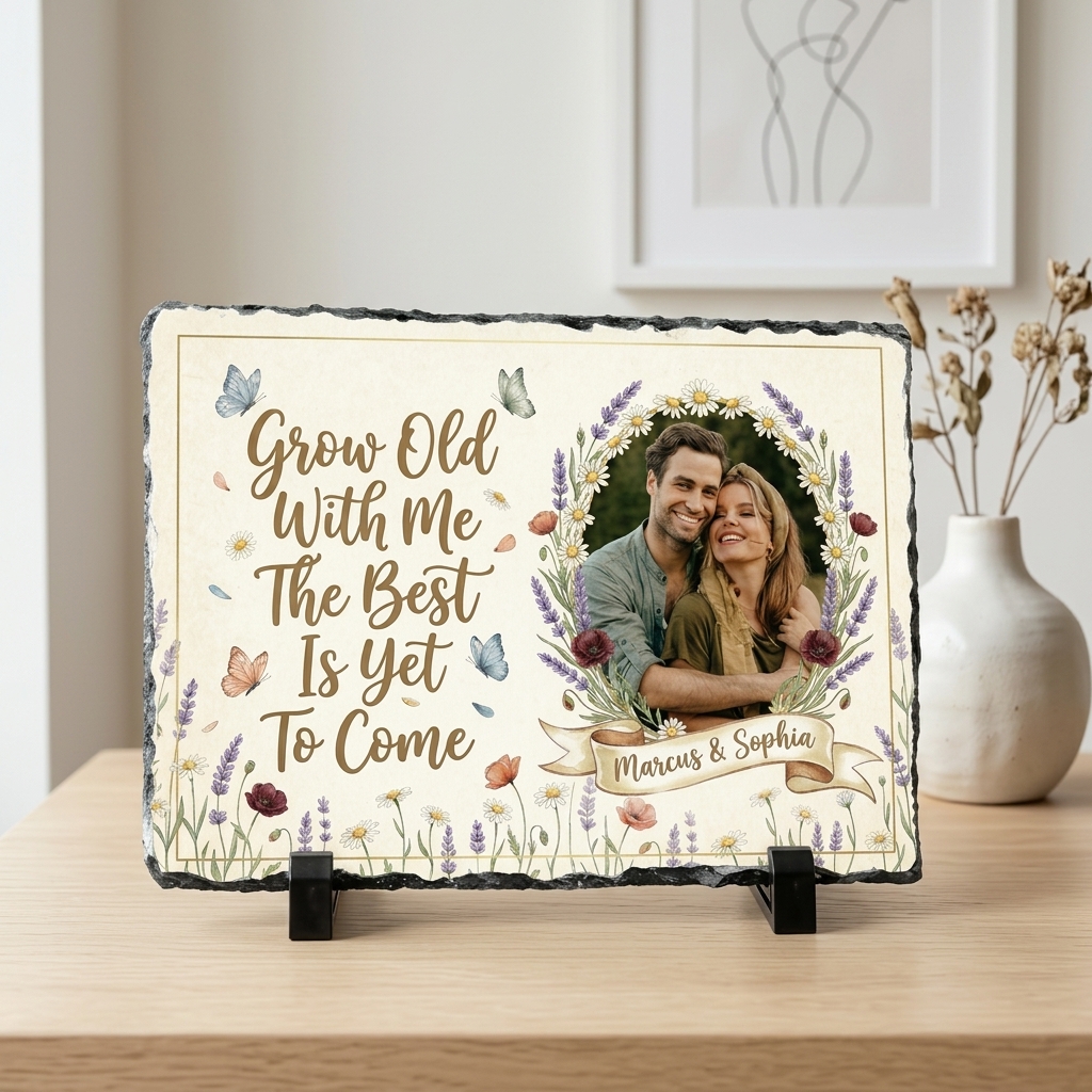Personalized Watercolor Flower Couple Photo Slate Custom Romantic Quote Stone Plaque Engagement Gift Wedding Keepsake Valentines Gift for Partner