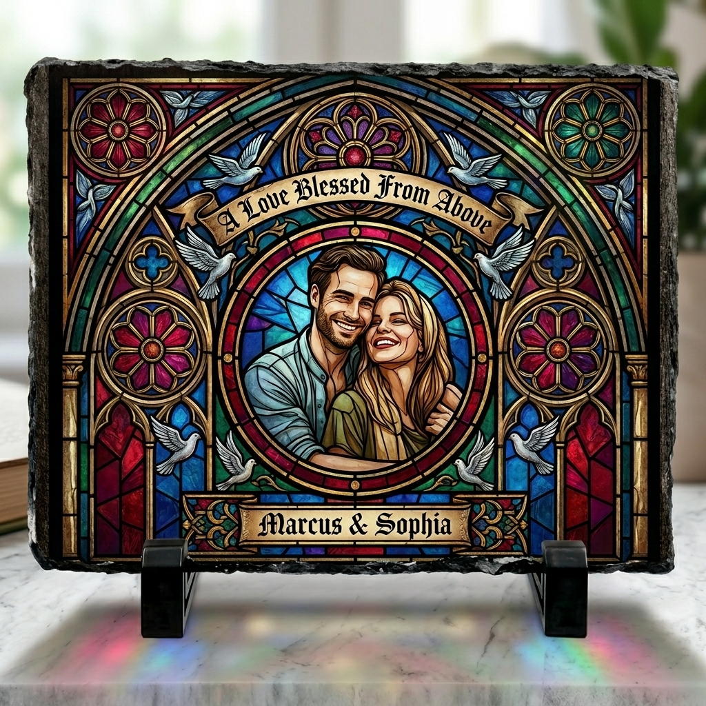 Personalized Stained Glass Style Couple Photo Slate Custom "A Love Blessed From Above" Stone Plaque Wedding Anniversary Gift Romantic Keepsake