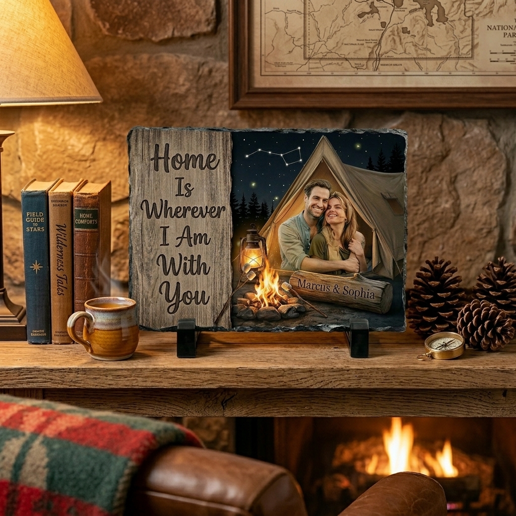 Personalized Camping Couple Photo Slate Custom "Home Is Wherever I Am With You" Stone Plaque Anniversary Gift for Outdoor Lovers