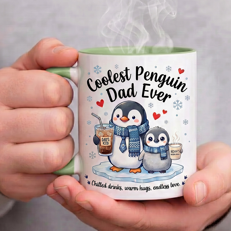 Personalized Dad & Baby Penguin Design 11 oz Ceramic Mug with Name Coolest Penguin Dad Ever Mug Birthday Gift for Dad