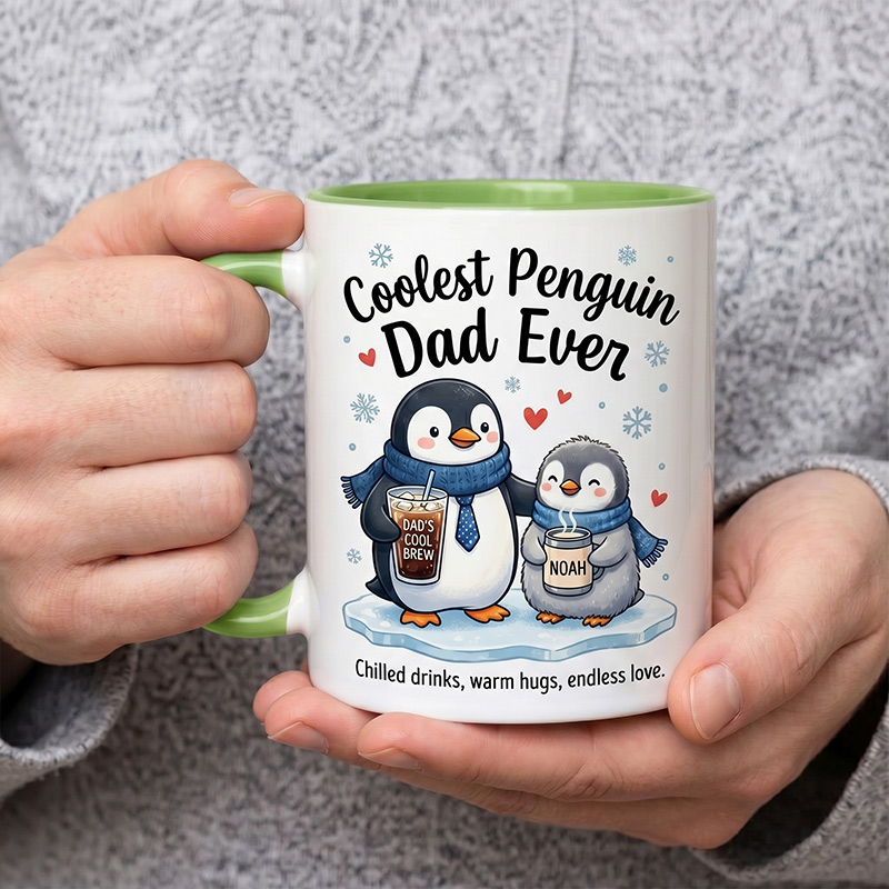 Personalized Dad & Baby Penguin Design 11 oz Ceramic Mug with Name Coolest Penguin Dad Ever Mug Birthday Gift for Dad