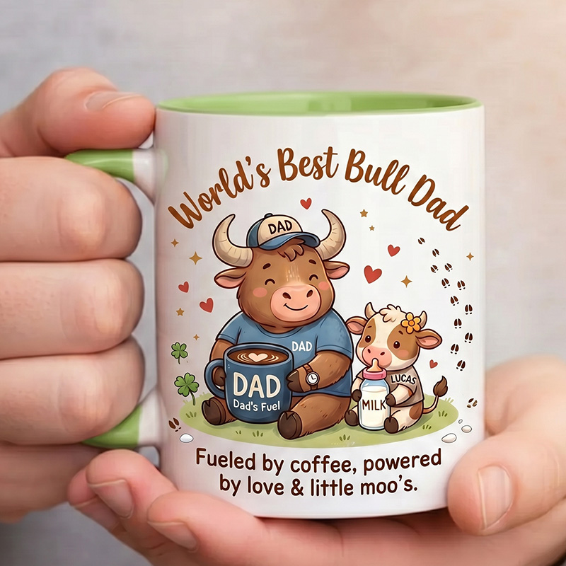 Personalized Dad & Baby Cow Design 11 oz Ceramic Mug with Name World’s Best Bull Dad Mug Birthday Gift for Dad