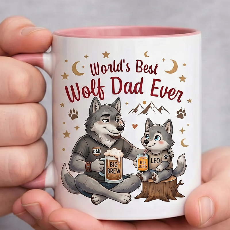 Personalized Dad & Baby Wolf Design 11 oz Ceramic Mug with Name World’s Best Wolf Dad Ever Mug Birthday Gift for Dad