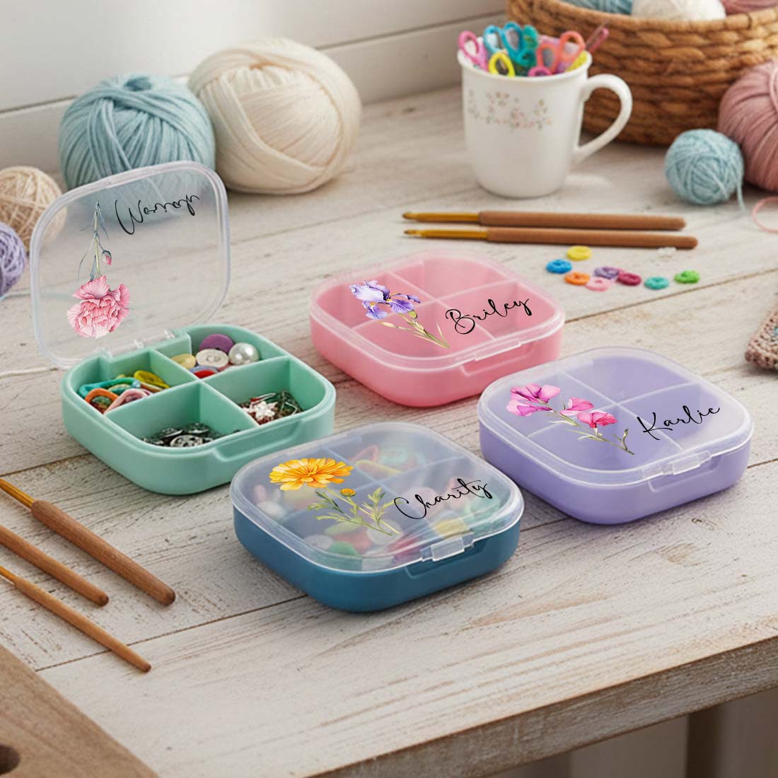 Personalized Knitting Crochet Notions Case Mini Storage Box 4 Compartments Multi Section Stitch Markers Point Protectors Tools Travel Compartments Case Custom Name with Birth Flower Crochet Tool Organizer