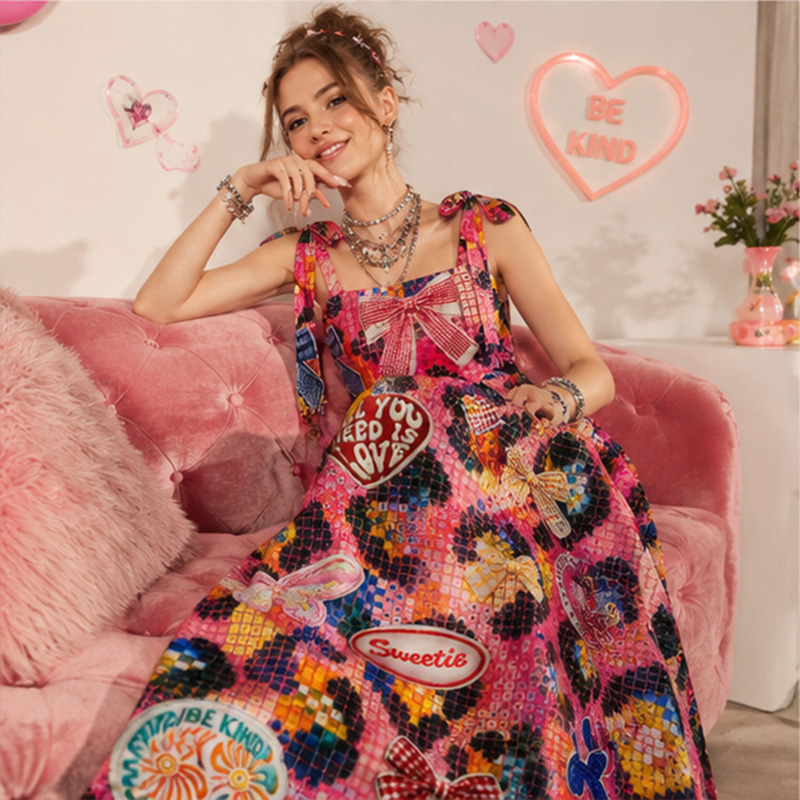 Personalized Y2K Leopard Woman Dress Tie-Shoulder Summer Vacation Dress Vintage Lace Print Dress Gift for Girlfriend