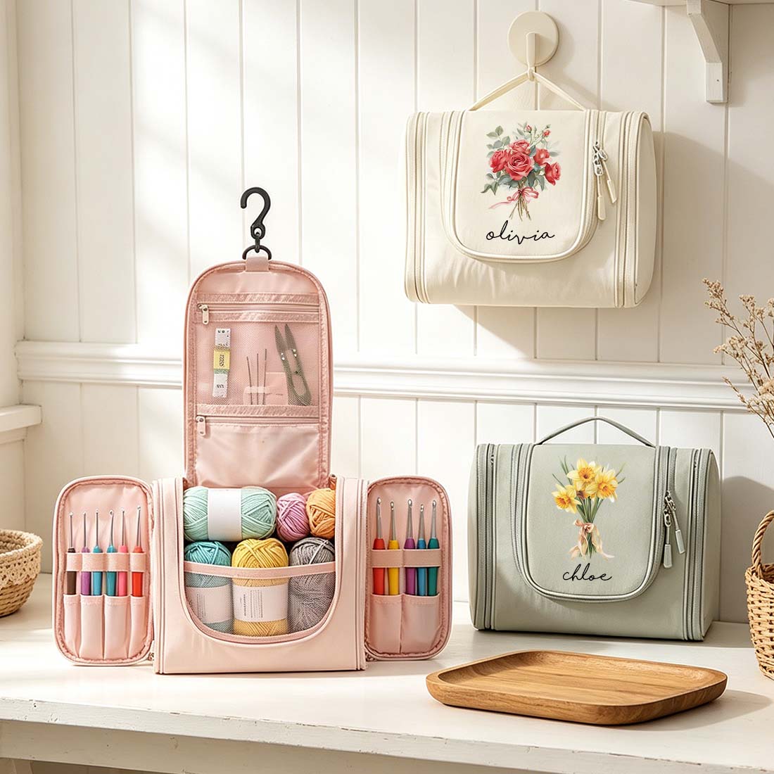 Personalized Crochet Storage Bag Water Resistant Crochet Storage Bag with Hanging Hook Custom Name with Birth Flower Crochet Tool Storage Bag Portable Storage Bag Large Capacity Multiple Pockets Organizer Bag