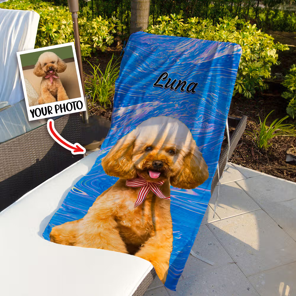 Personalized Pet Portrait Oil Painting Quick Dry Beach Towel with Name Birthday Gift for Pet Lovers