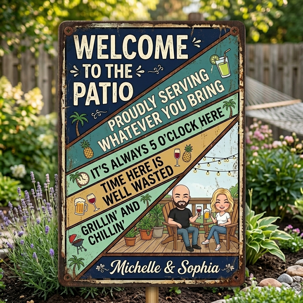 Personalized Retro Couple Patio Welcome Grilling Proudly Serving Whatever You Bring Husband Wife Couple Single Backyard Sign Personalized Custom Classic Metal Signs