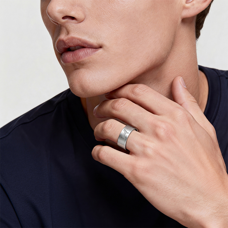 Personalized Wide Band Dog Silhouette Ring with Engraved Name Unique Jewelry for Dog Lovers in Sterling Silver