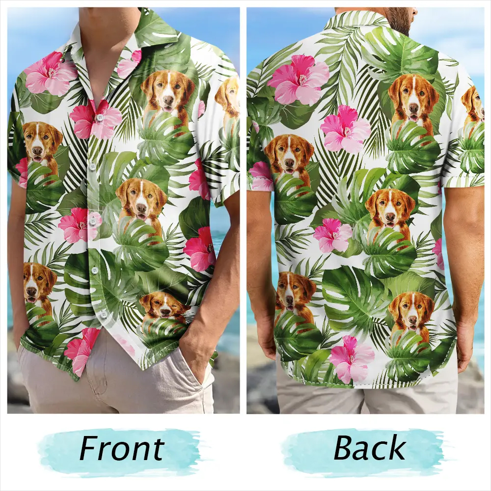 Personalized Photo Hawaiian Shirt Custom Photo Tropical Leaves Funny Family Pet Face