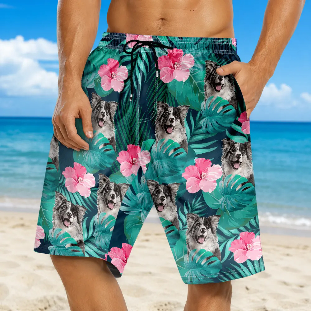 Personalized Unisex Beach Shorts Custom Photo Tropical Leaves Funny Family Pet Face Gift for Pet Lovers