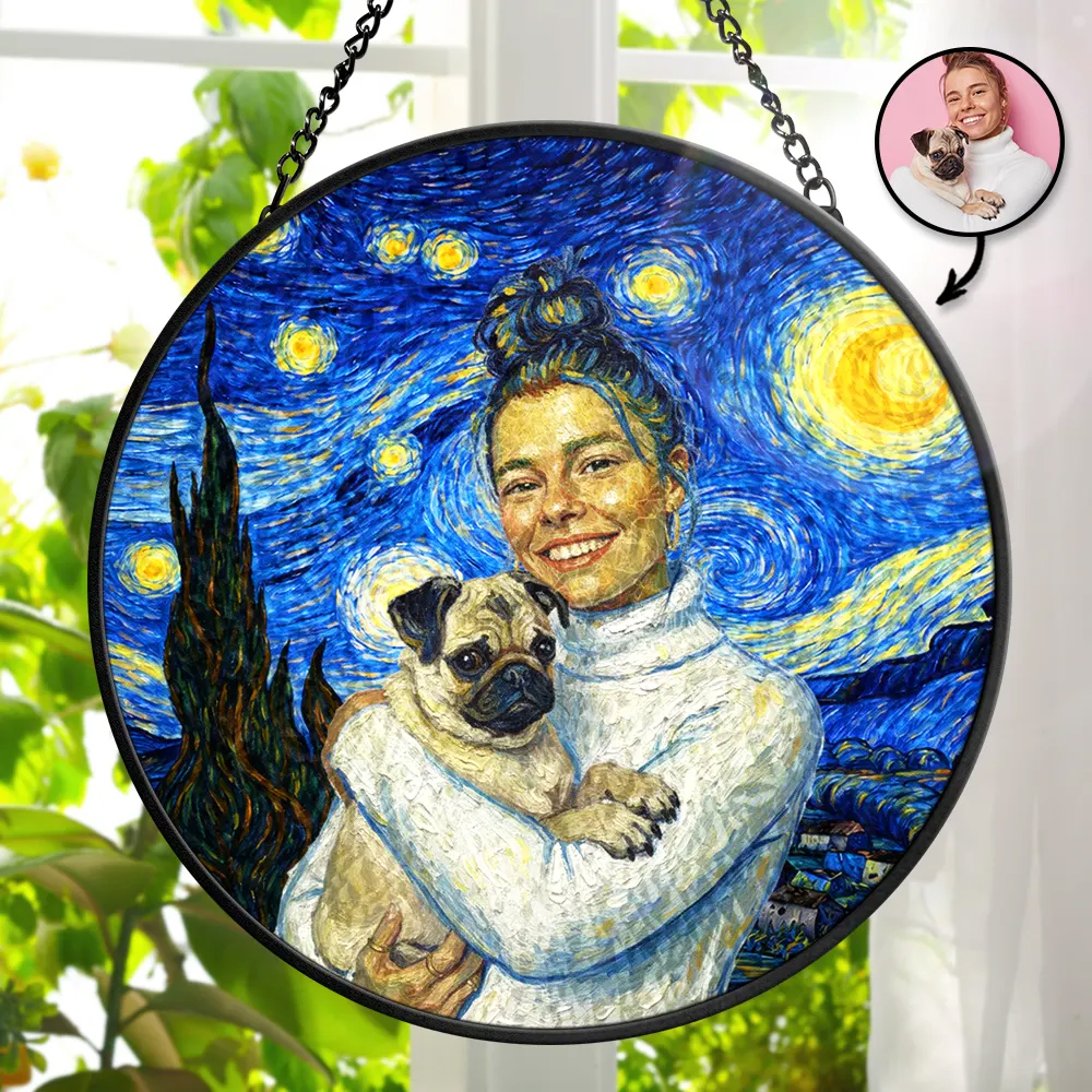 Personalized Stained Glass Window Hanging Suncatcher Custom Photo Starry Night Gift for Pet Lover
