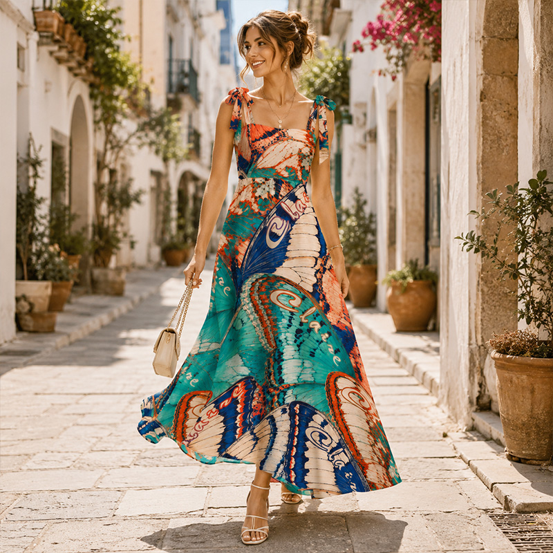Personalized Hand Painted Colorful Butterfly Print Bow Tie Strap Square Neck Maxi Dress For Summer Vacation Beach Honeymoon Gift for Her