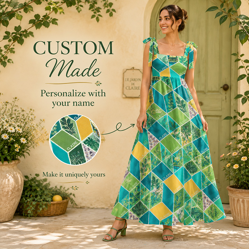 Personalized Tropical Plant Diamond Tile Pattern Tie Shoulder Flowy A Line Long Sundress For European Countryside Travel Couple Holiday