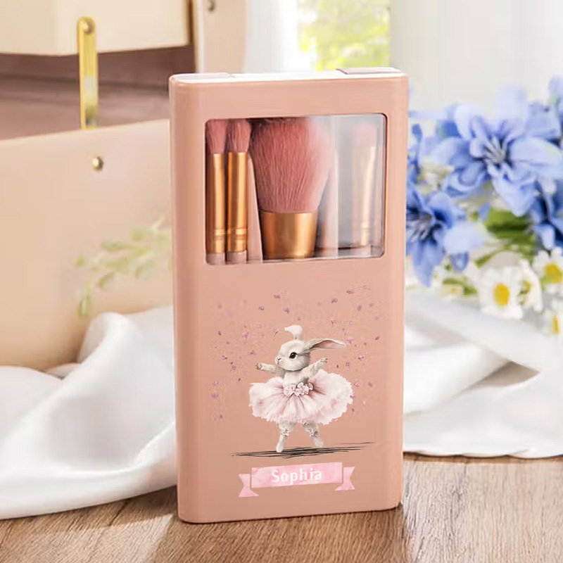Personalized Ballet Bunny 5 Pcs Makeup Brushes Box Set with Name and Mirror Birthday Dance Competition Gift for Ballet Lovers