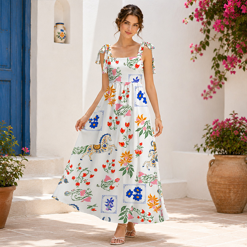 Personalized Vintage Hand Painted Colorful Flower Pony Pattern Tie Shoulder Flowy A Line Long Sundress For European Village Picnic Resort Wedding Guest Outfit