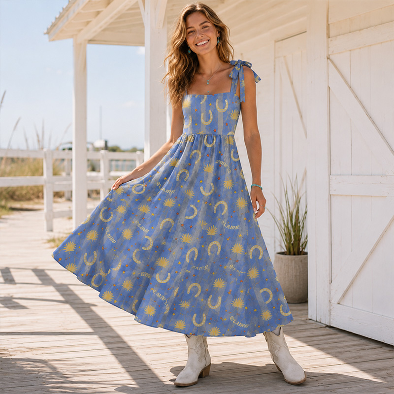 Personalized Vintage Blue Background Boho Sun Horseshoe Pattern Tie Shoulder Flowy A Line Long Sundress For Countryside Picnic Resort Wedding Guest Outfit