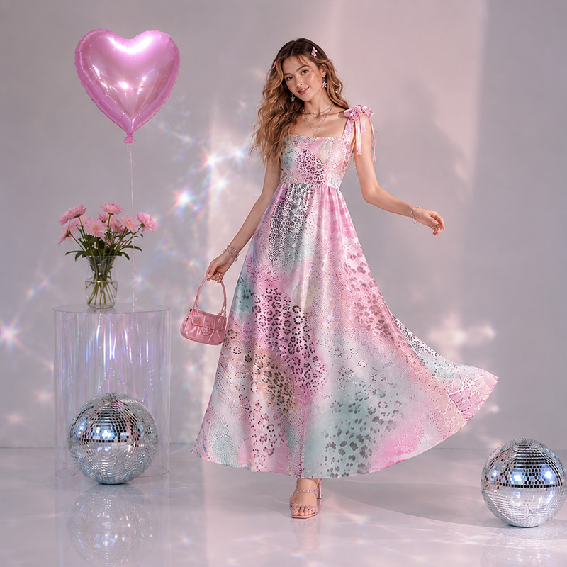 Personalized Shiny Satin Ombre Leopard Flower Collage Print Bow Strap Floor Length Dress For Summer Holiday Night Out Travel