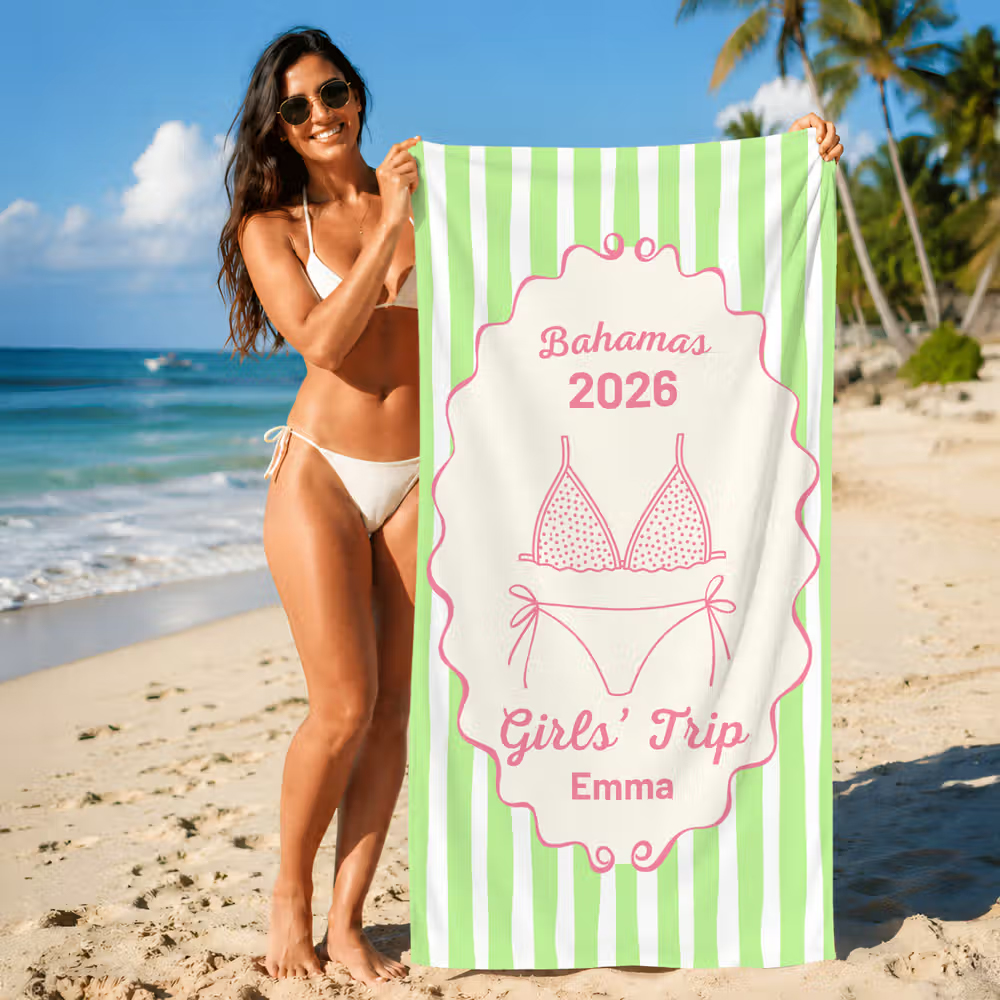 Personalized Multicolor Bikini Stripe Soft Quick Dry Beach Towel with Location Year Text Name Beach Party Birthday Gift for Women