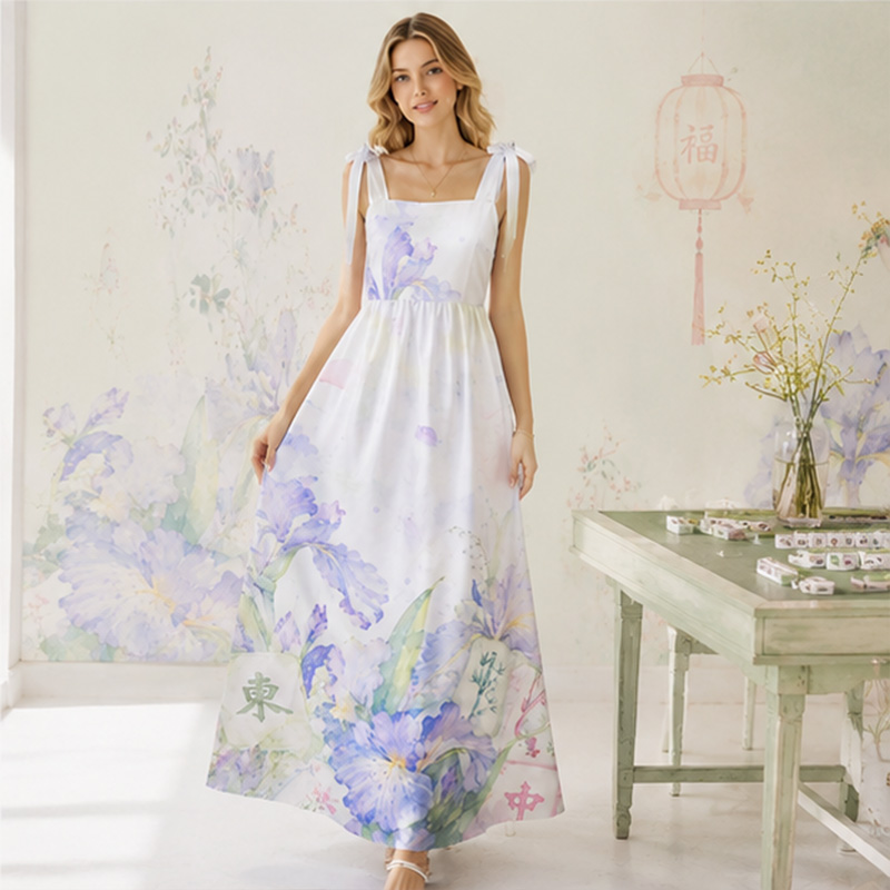 Personalized Watercolor Iris Mahjong Bow Strap Oriental Vacation Maxi Dress Pastel Ink Floral Mahjong Satin Summer Sundress Mahjong Style Purple Iris Square Neck Long Dress