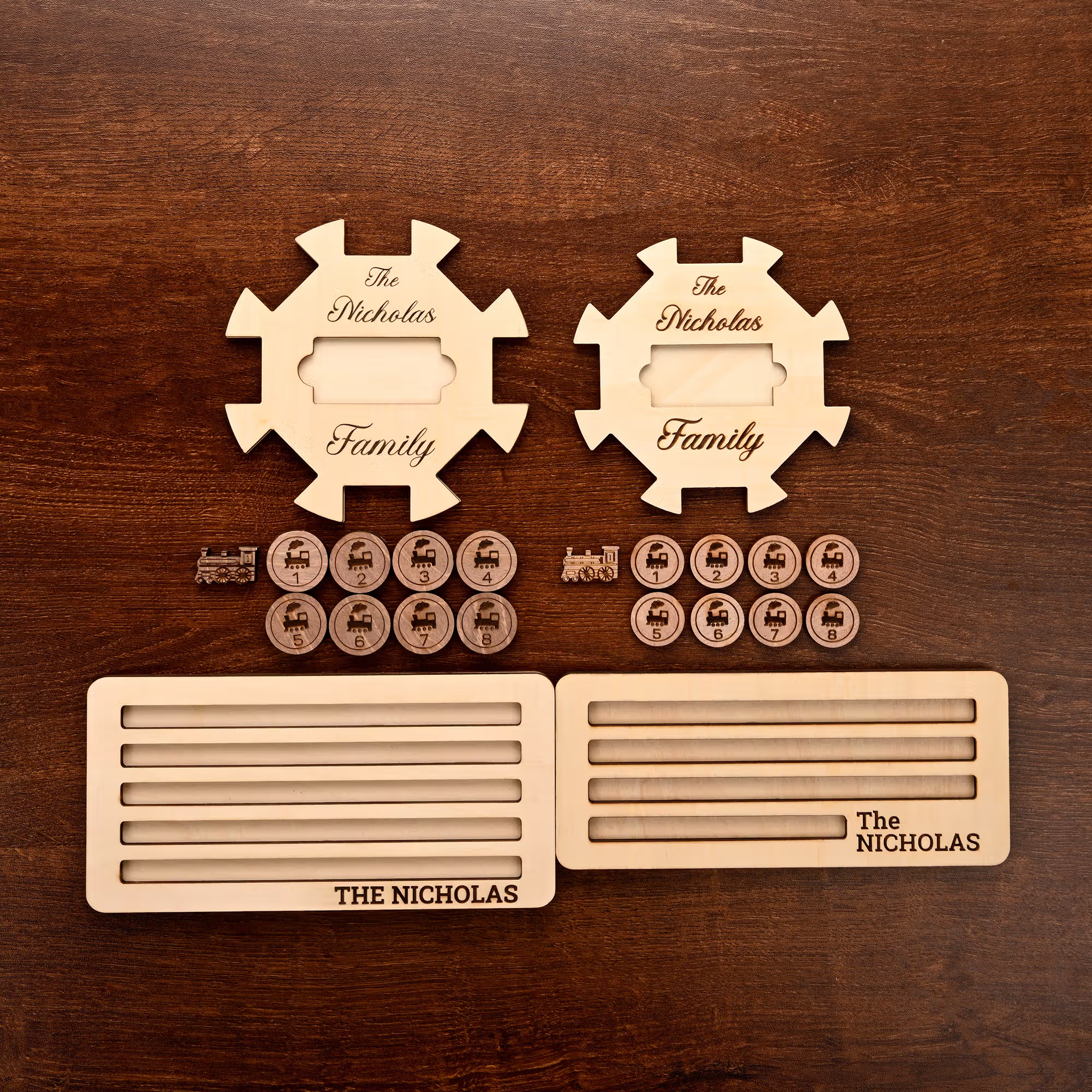 Custom Wooden Mexican Train Domino Hub & Holder - Engraved Basswood Set 11 or 15 Holder, Gift for Family