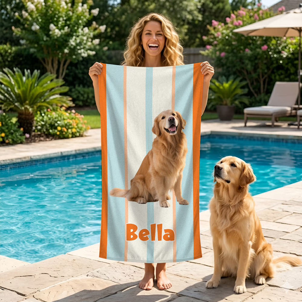 Personalized Multicolor Vertical Stripes Photo Quick Dry Oversized Beach Towel with Name Beach Party Birthday Gift for Family Pet Lovers